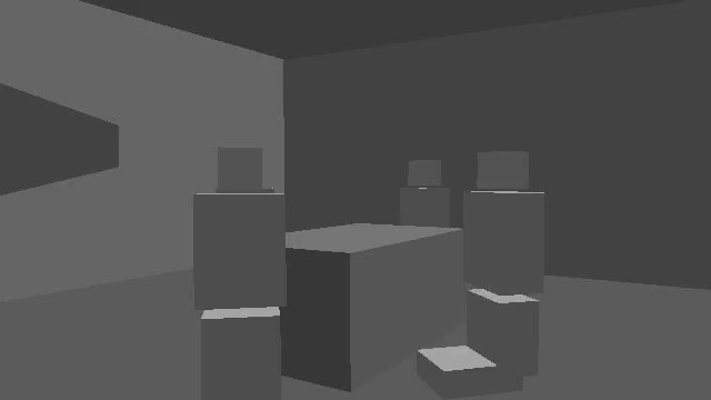A plain grey three-dimensional layout of a table scene: block walls, a table with two seated figures facing it and a dark doorway