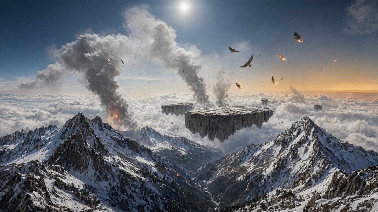 Fotogramma da “Skyfire Bound”, un cortometraggio AI generato end-to-end da SceneMixer (6 personaggi, 1 episodio)