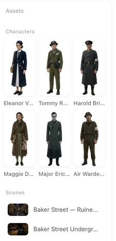 The episode asset library showing generated character sheets, location images and prop images