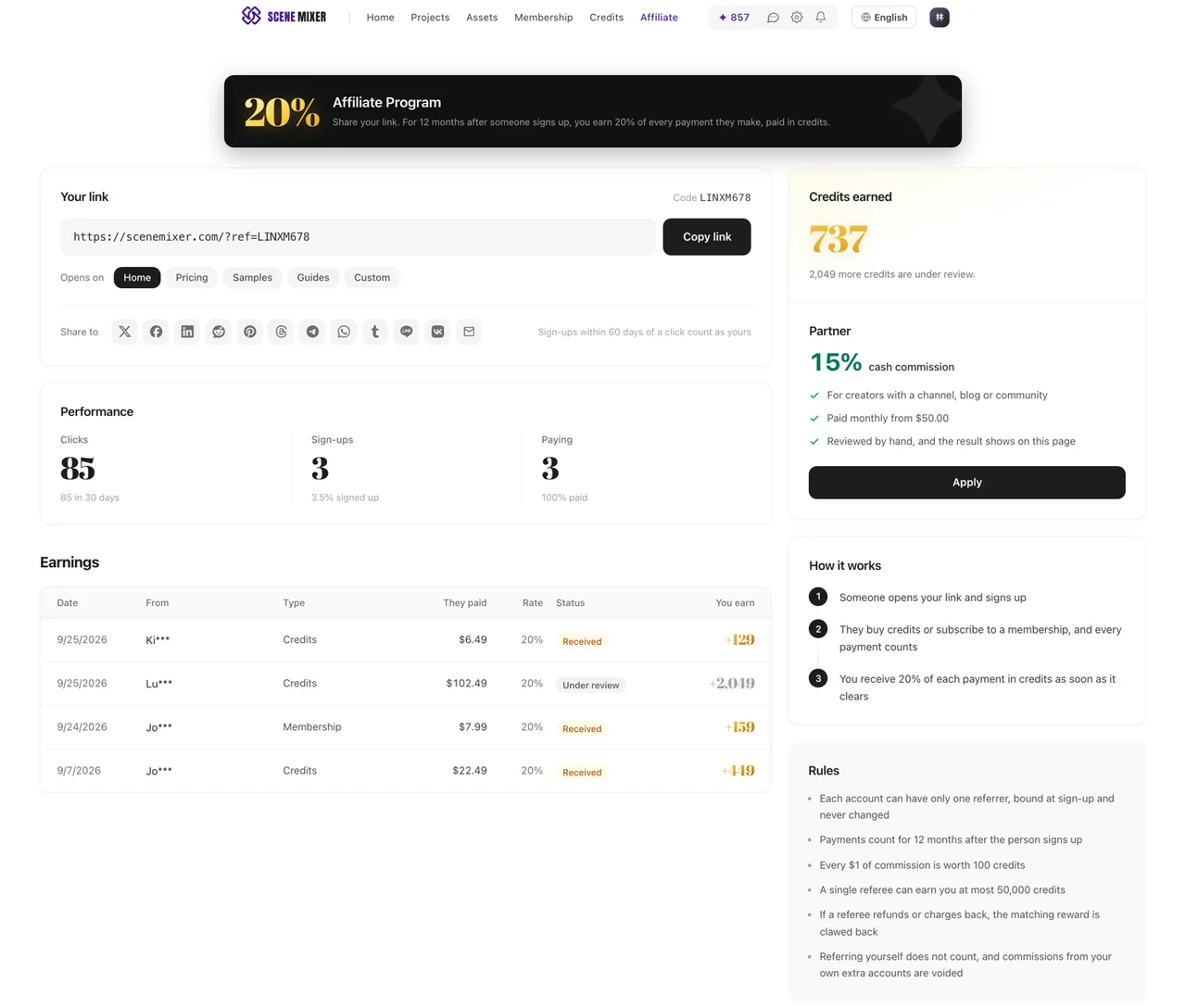 The SceneMixer Affiliate page: the link with Copy link, the Performance row with clicks, sign-ups and paying, the Earnings table, and the Credits earned and Partner cards on the right
