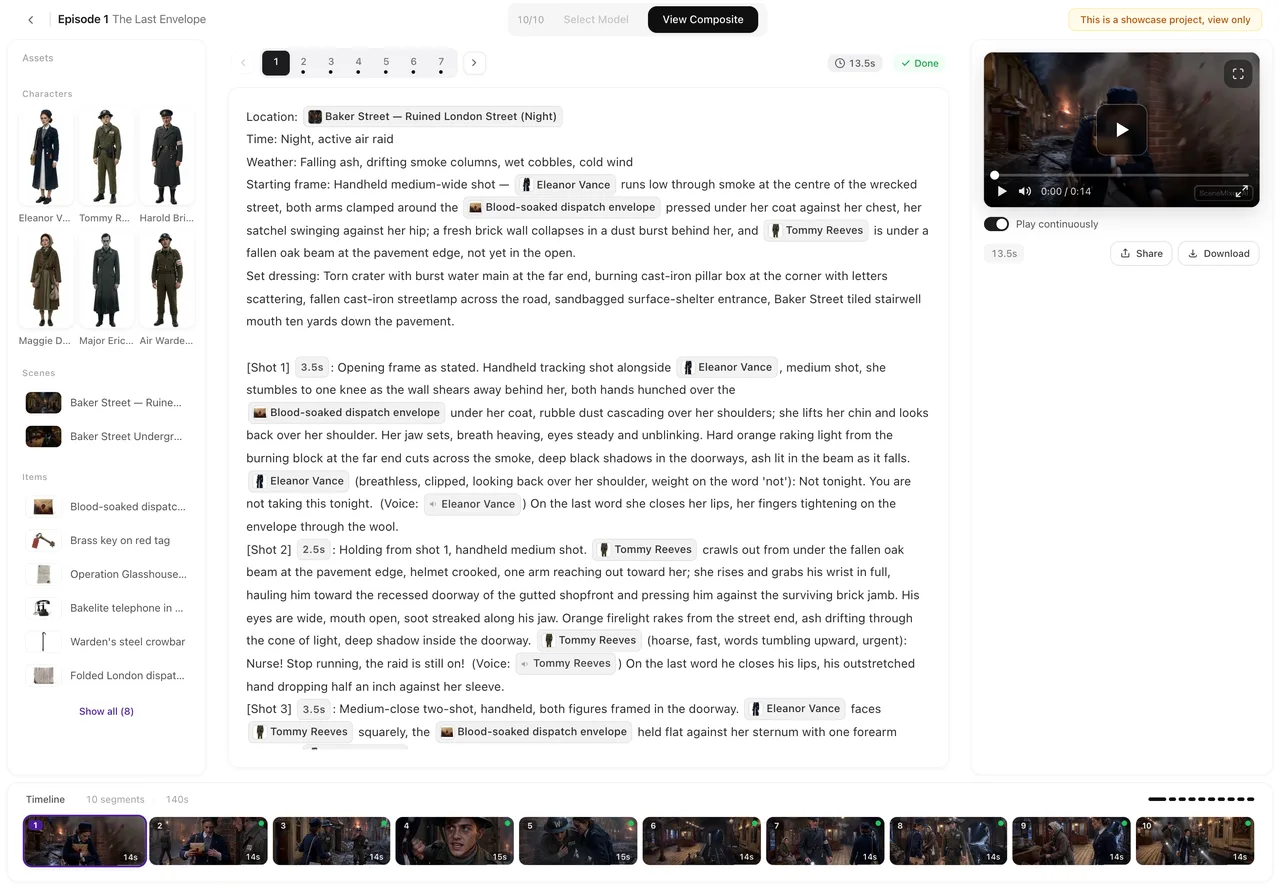 The SceneMixer episode editor: asset library on the left, the storyboard in the middle, the video preview on the right, and every segment along the bottom timeline