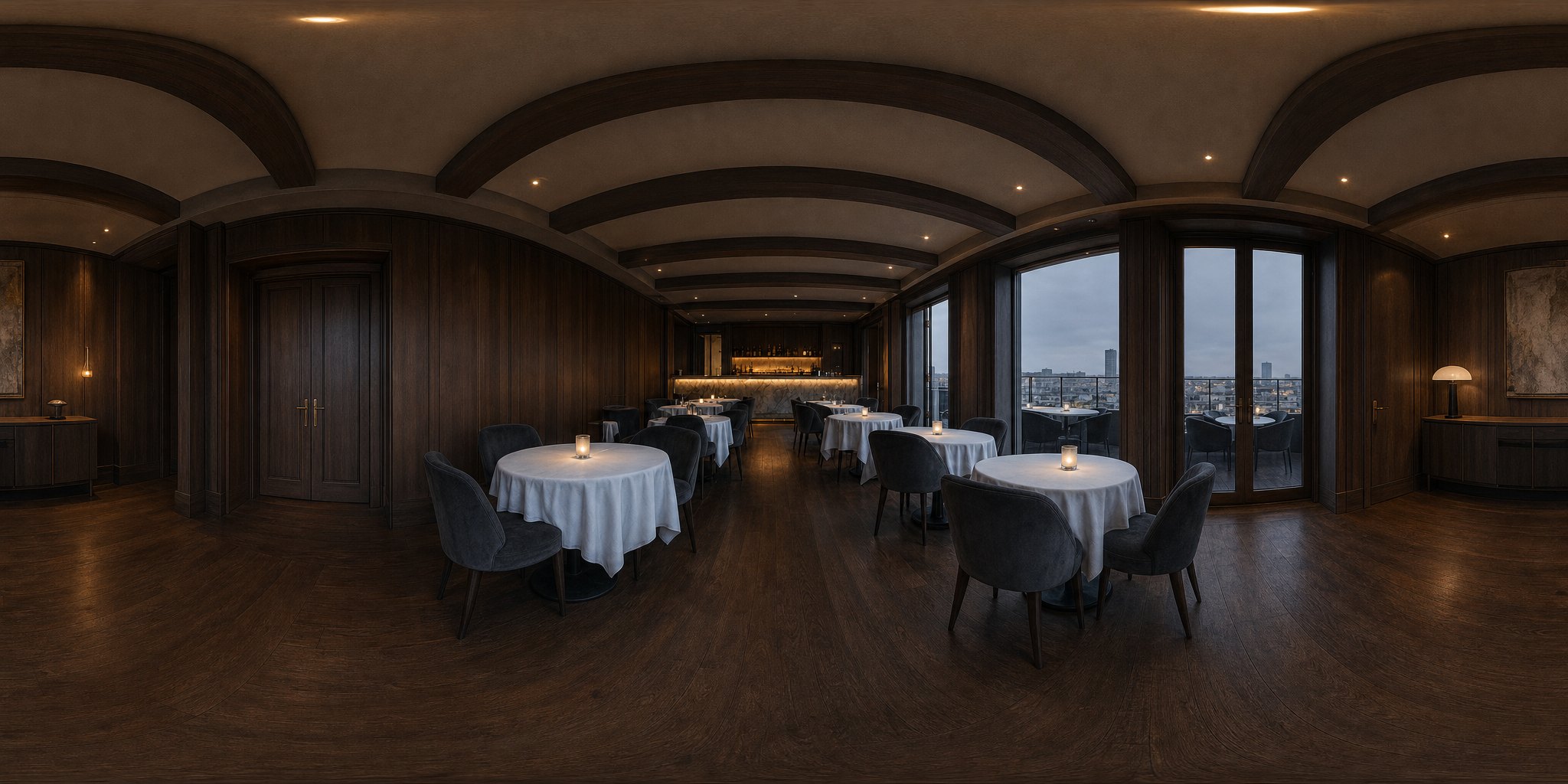 The whole demo set as one 360-degree image: bar, round tables with candles, floor-to-ceiling windows and double doors
