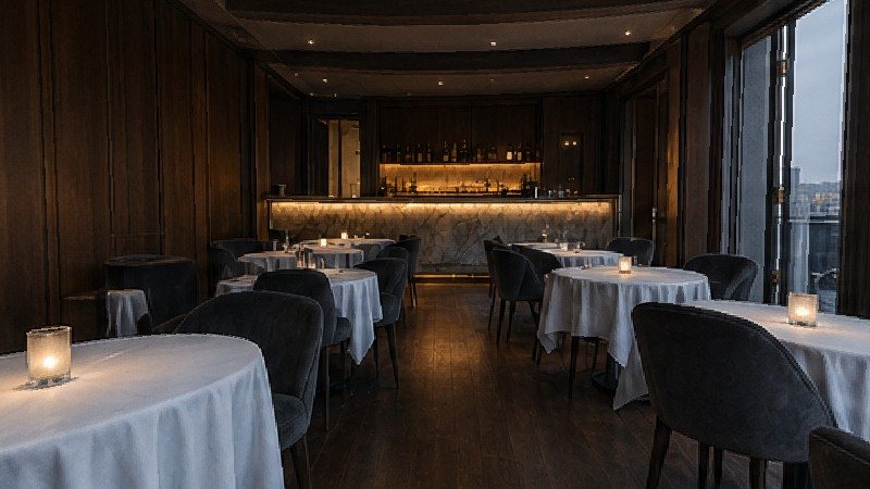 Demo set, a wood-panelled restaurant dining room with a bar and city windows, as seen by camera 1