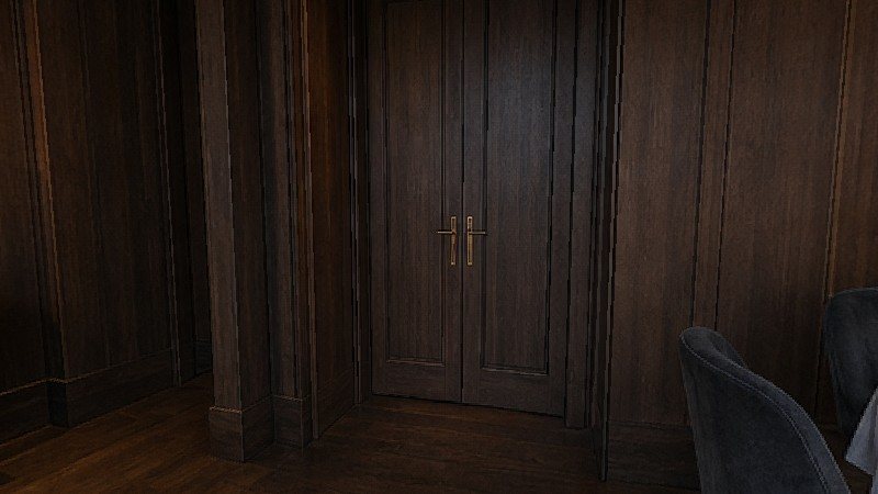 Demo set, a wood-panelled restaurant dining room with a bar and city windows, as seen by camera 2