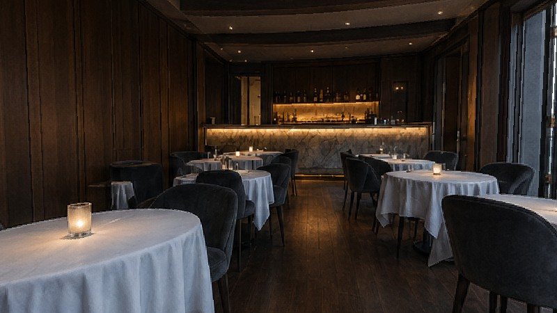 Demo set, a wood-panelled restaurant dining room with a bar and city windows, as seen by camera 3